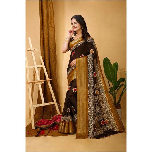 Generic Women's Soft Blooming Marshmallow Fabric Kalamkari Printed Saree With Unstitched Blouse 5.5Mtr (Brown)
