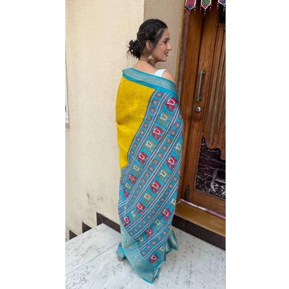 Generic Women's Soft Dola Cotton Kalamkari Printed Saree With Unstitched Blouse 5.5Mtr (Mustard)