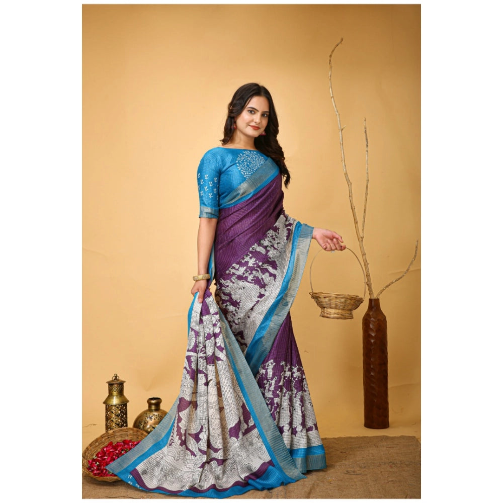 Generic Women's Soft Handloom Cotton Kalamkari Printed Saree With Unstitched Blouse 5.5Mtr (Purple)