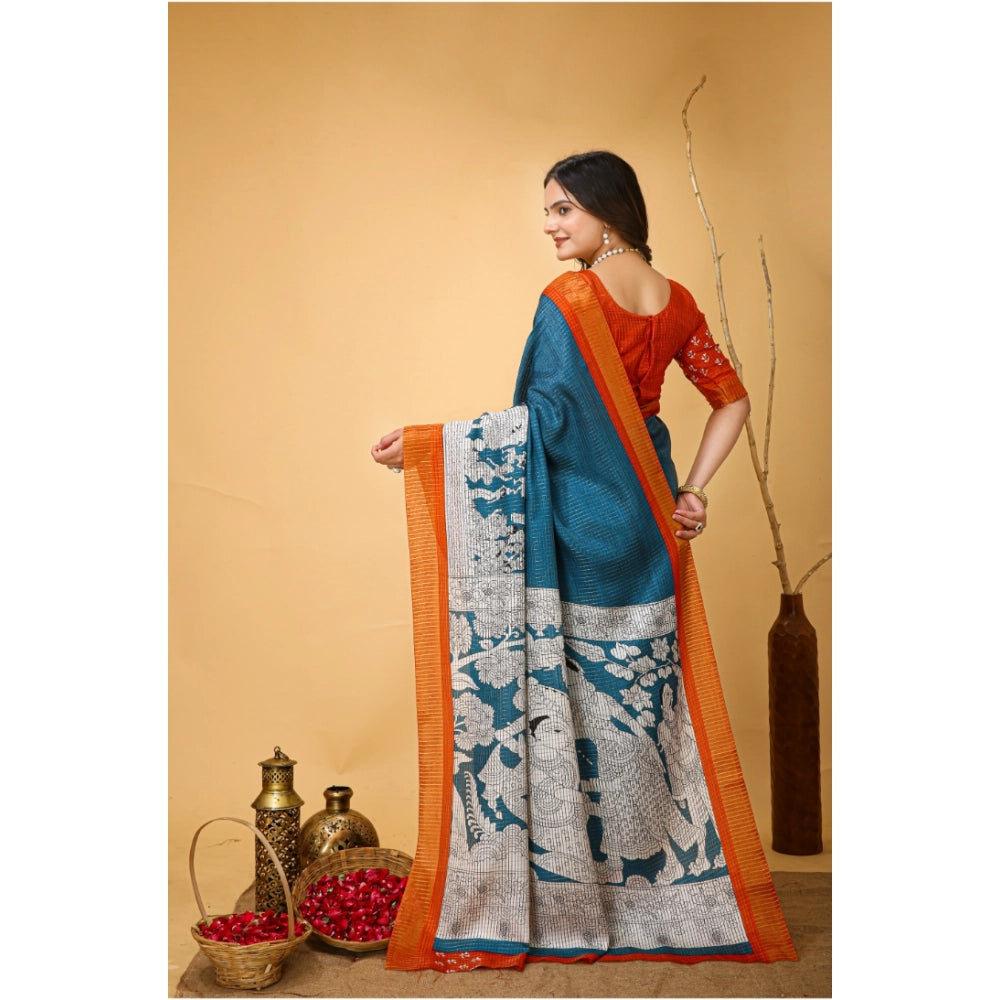 Generic Women's Soft Handloom Cotton Kalamkari Printed Saree With Unstitched Blouse 5.5Mtr (Teal Blue)