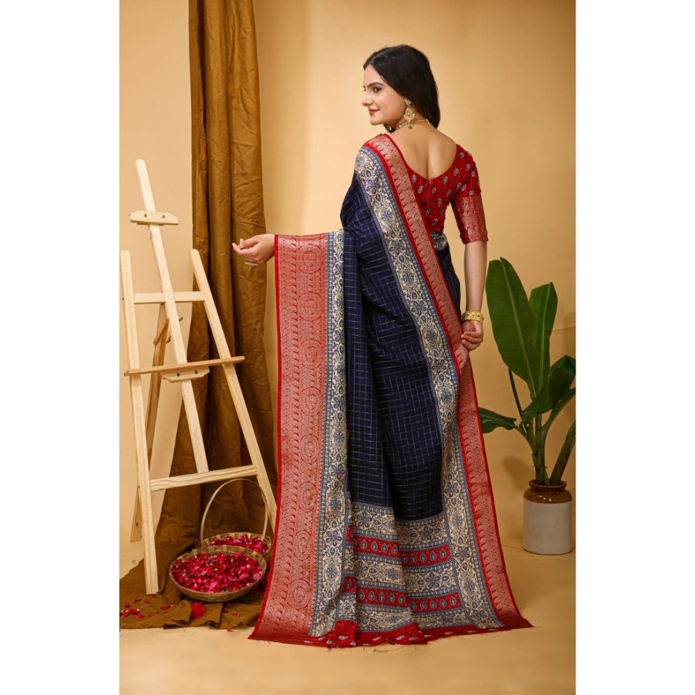 Generic Women's Soft Dola Cotton Kalamkari Printed Saree With Unstitched Blouse 5.5Mtr (Navy Blue)