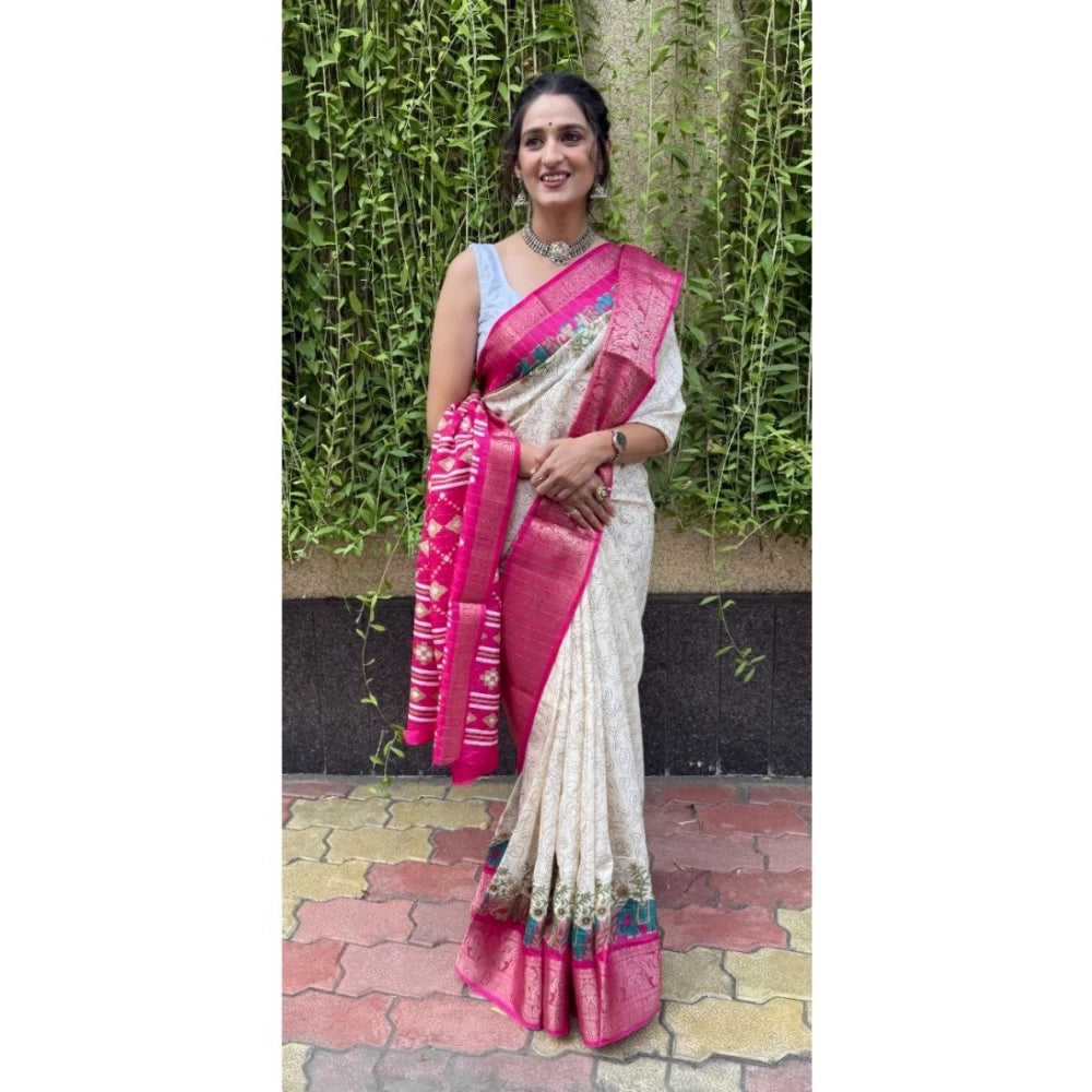 Generic Women's Soft Dola Cotton Kalamkari Printed Saree With Unstitched Blouse 5.5Mtr (White)