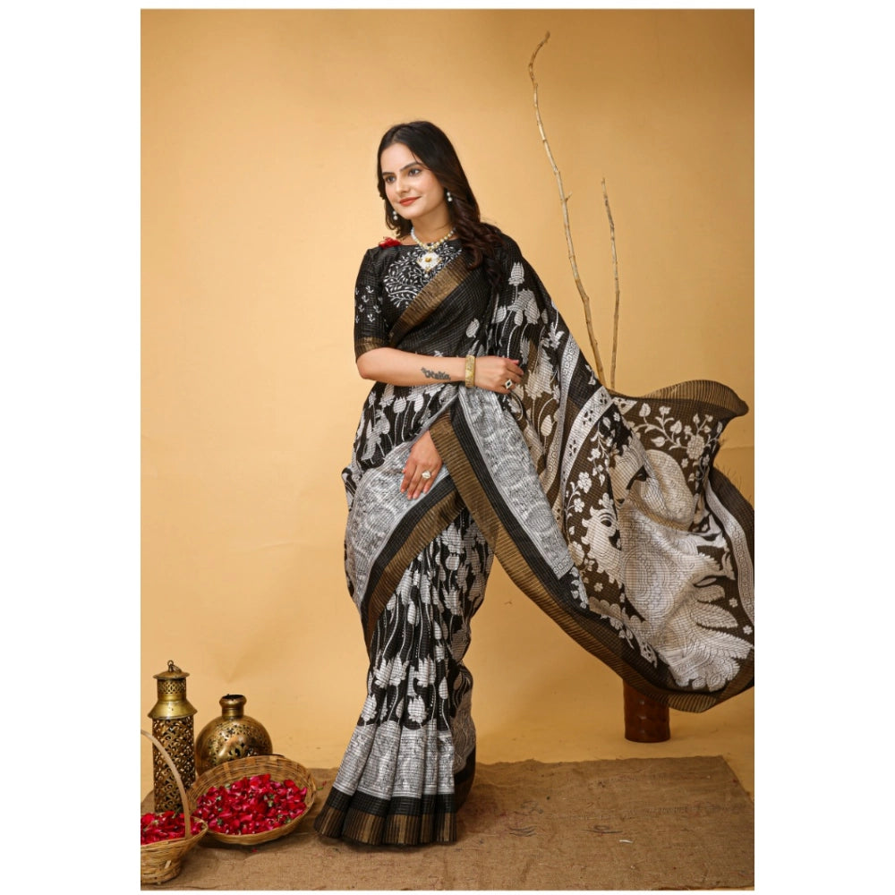 Generic Women's Soft Handloom Cotton Kalamkari Printed Saree With Unstitched Blouse 5.5Mtr (Black)