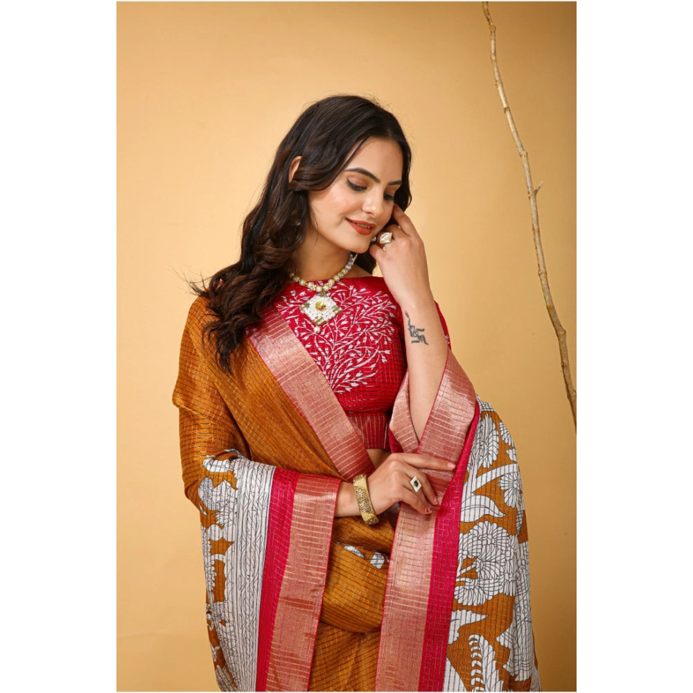 Generic Women's Soft Handloom Cotton Kalamkari Printed Saree With Unstitched Blouse 5.5Mtr (Mustard)