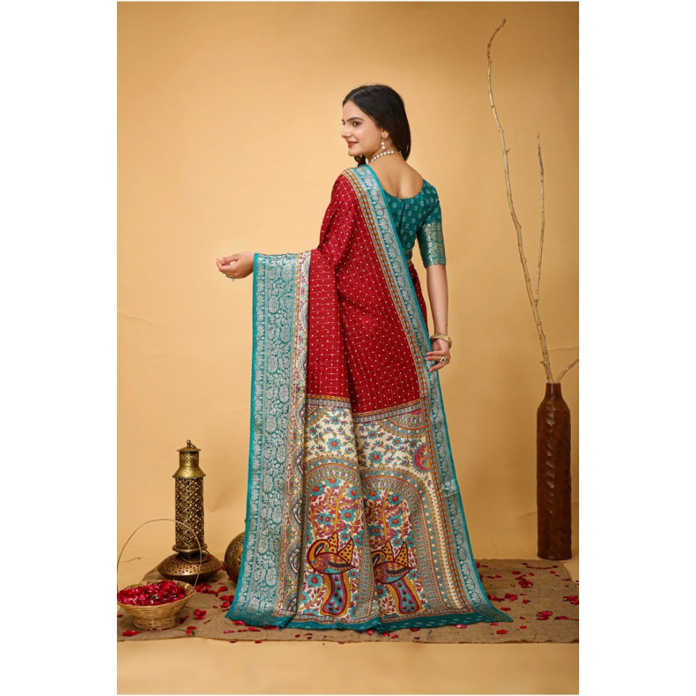 Generic Women's Soft Dola Cotton Kalamkari Printed Saree With Unstitched Blouse 5.5Mtr (Red)