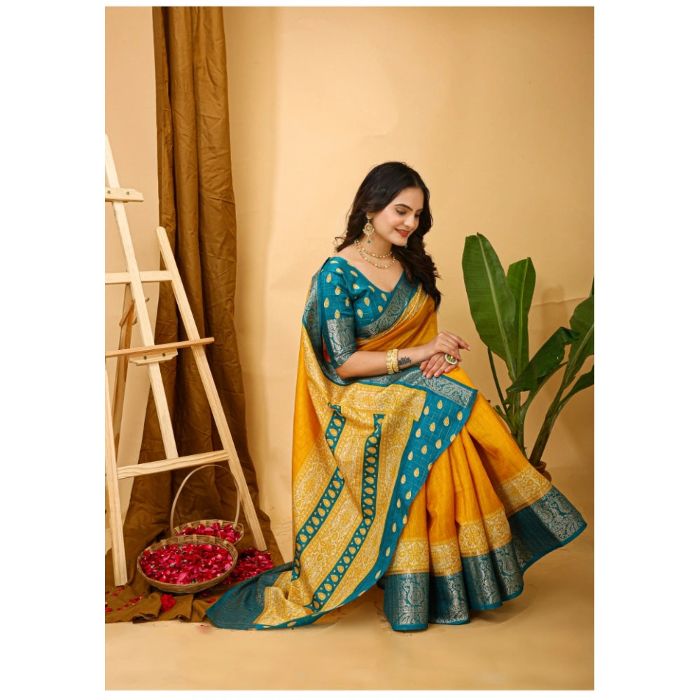 Generic Women's Soft Dola Cotton Kalamkari Printed Saree With Unstitched Blouse 5.5Mtr (Yellow)