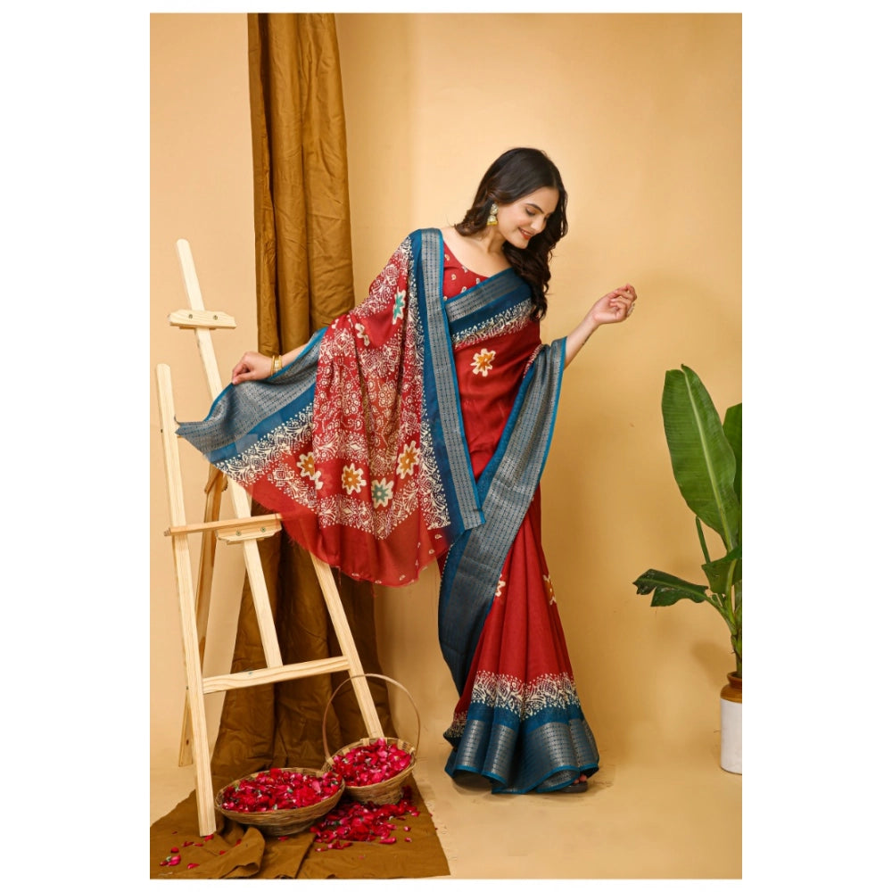 Generic Women's Soft Blooming Marshmallow Fabric Kalamkari Printed Saree With Unstitched Blouse 5.5Mtr (Red)