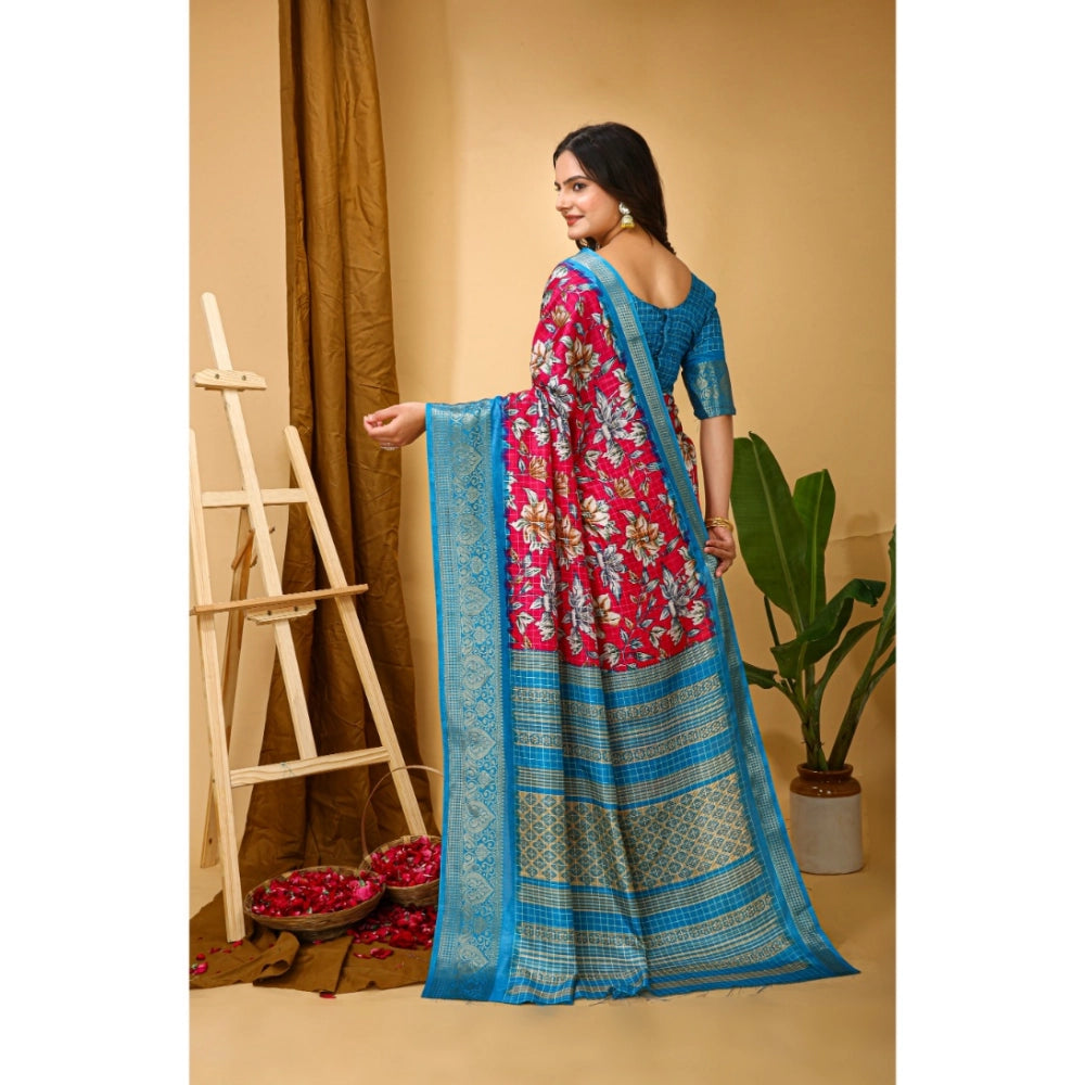 Generic Women's Soft Dola Cotton Kalamkari Printed Saree With Unstitched Blouse 5.5Mtr (Pink)