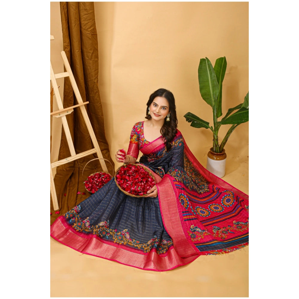 Generic Women's Soft Dola Cotton Kalamkari Printed Saree With Unstitched Blouse 5.5Mtr (Grey)