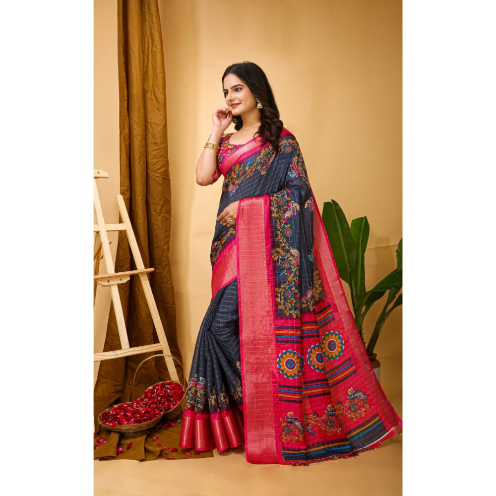 Generic Women's Soft Dola Cotton Kalamkari Printed Saree With Unstitched Blouse 5.5Mtr (Grey)