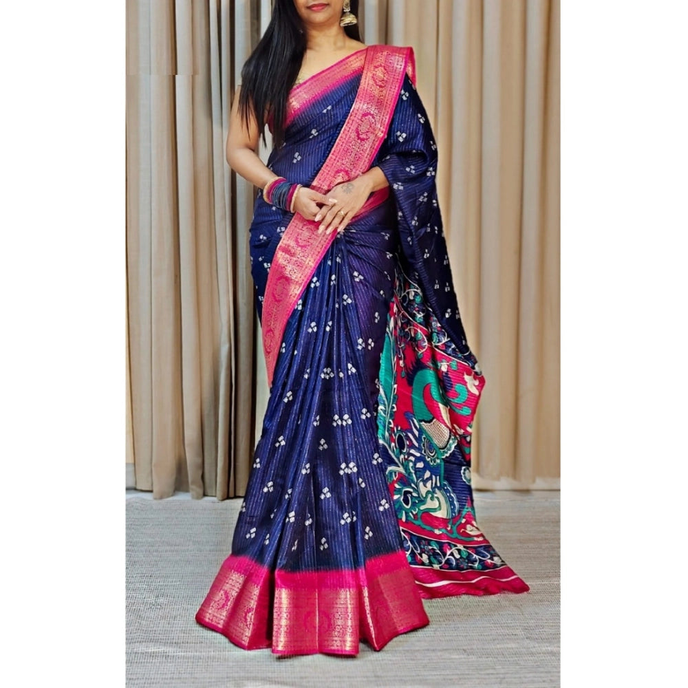Generic Women's Soft Dola Cotton Kalamkari Printed Saree With Unstitched Blouse 5.5Mtr (Navy Blue)