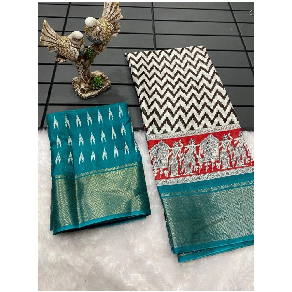 Generic Women's Soft Dola Cotton Kalamkari Printed Saree With Unstitched Blouse 5.5Mtr (Turquoise)