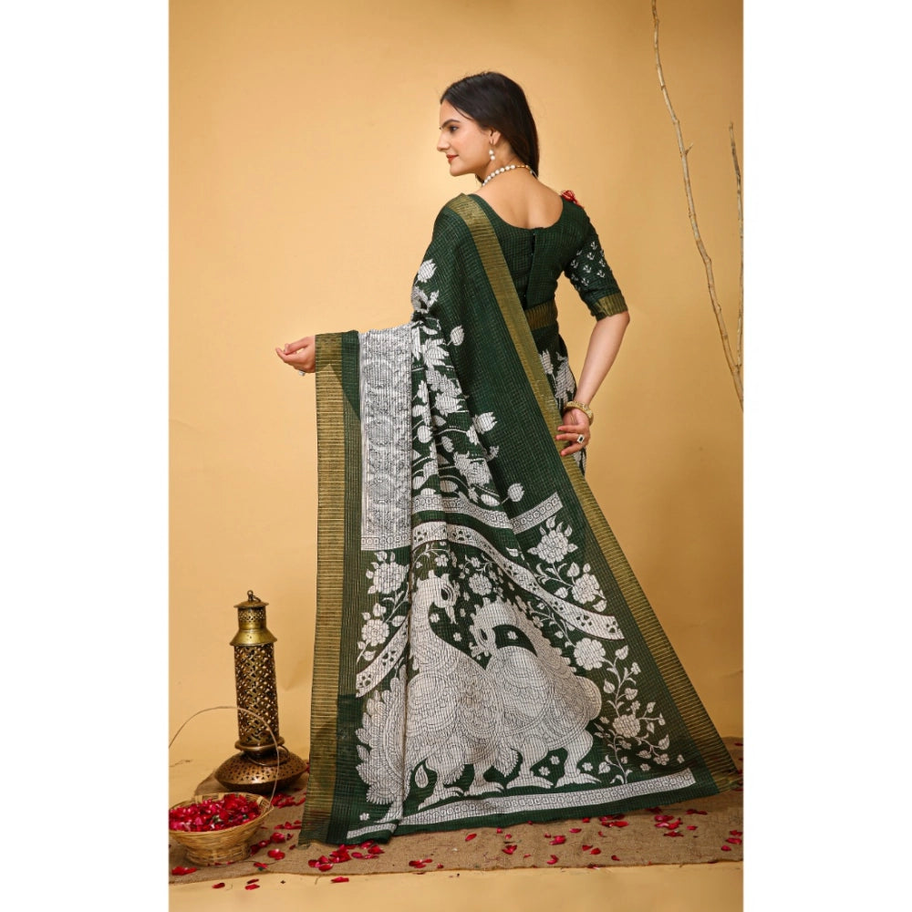 Generic Women's Soft Handloom Cotton Kalamkari Printed Saree With Unstitched Blouse 5.5Mtr (Green)