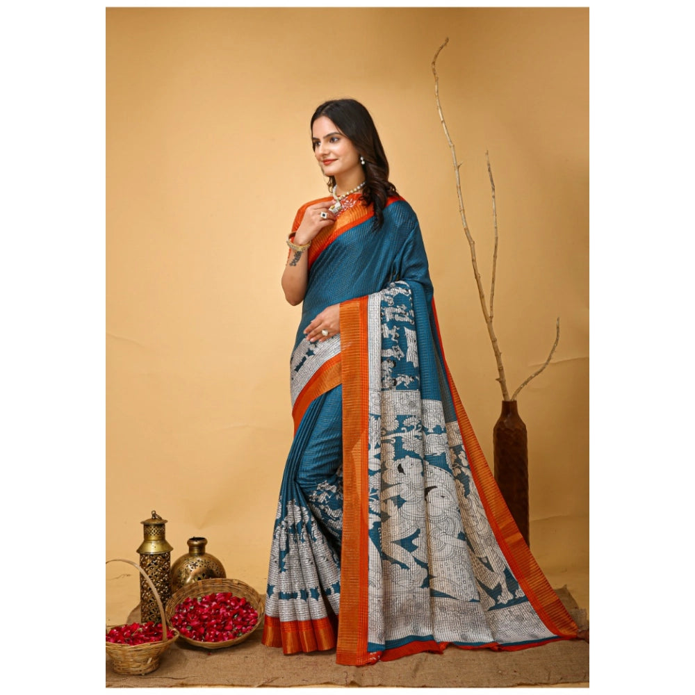 Generic Women's Soft Handloom Cotton Kalamkari Printed Saree With Unstitched Blouse 5.5Mtr (Teal Blue)