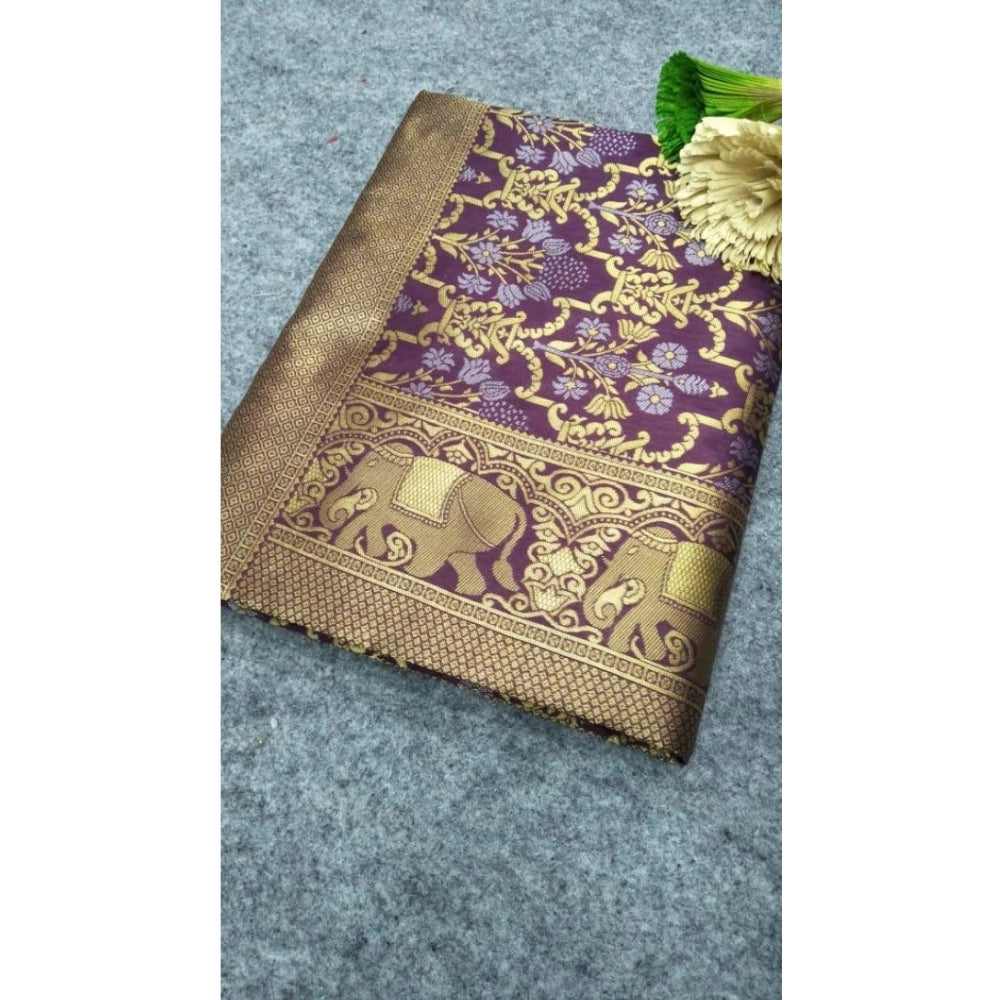 Generic Women's Soft Lichi Silk Printed Saree With Unstitched Blouse 5.5Mtr (Purple)