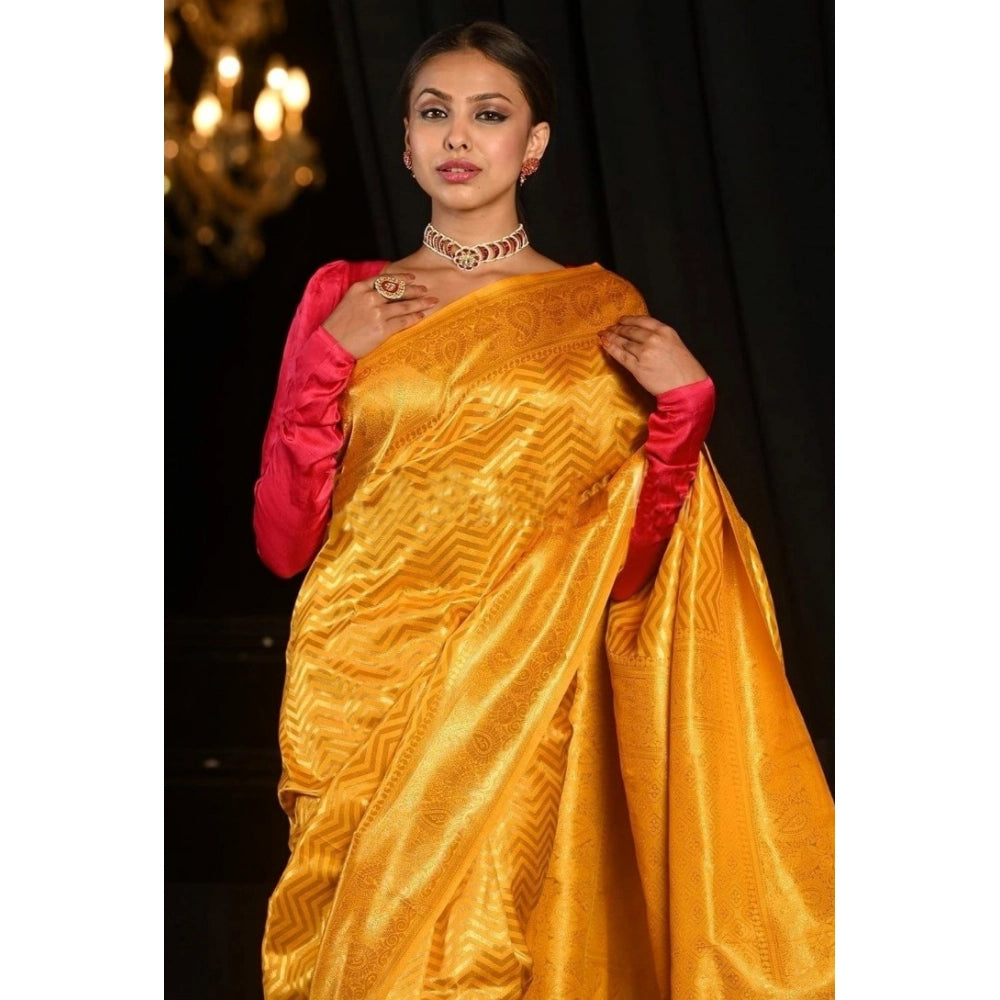 Generic Women's Soft Lichi Silk Woven Saree With Unstitched Blouse 5.5Mtr (Yellow)