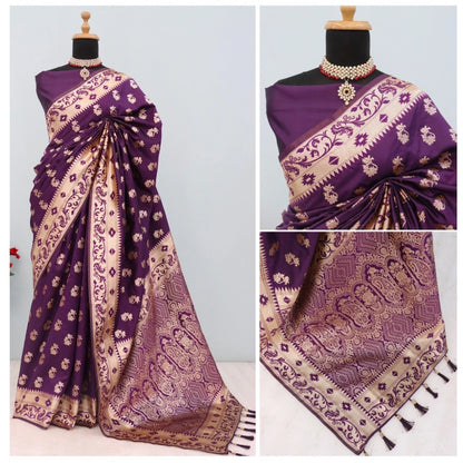 Generic Women's Satin Printed Saree With Unstitched Blouse 5.5Mtr (Purple)