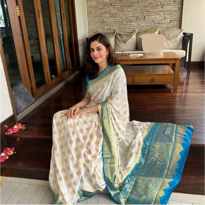 Generic Women's Silk Blend Woven Kanjivaram Saree With Unstitched Blouse (5.5Mtr, White Rama)