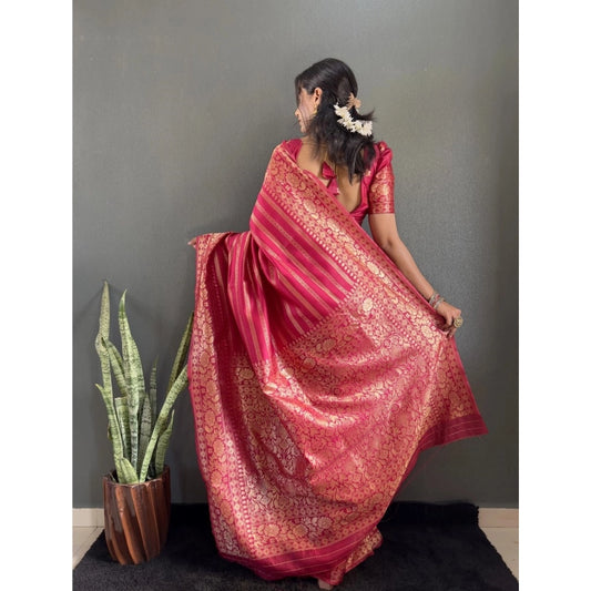 Generic Women's Silk Blend Woven Kanjivaram Saree With Unstitched Blouse (5.5Mtr, Pink)