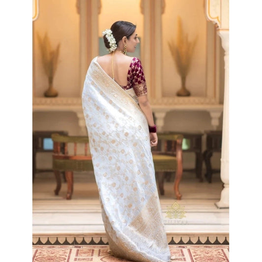 Generic Women's Silk Woven Kanjivaram Saree With Unstitched Blouse (5.5Mtr, White)