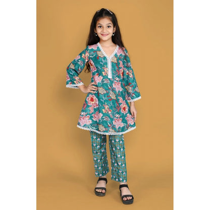 Generic Girl's Silk Blend Floral Prinded Shiffli Lace Salwar Kameez Dupatta Set (Teal)