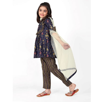 Generic Girl's Cotton Printed Kurti With Bottom Dupatta Set (Dark Blue)