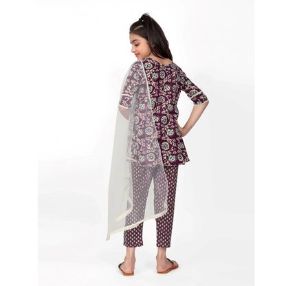 Generic Girl's Cotton Printed Kurti With Bottom Dupatta Set (Brown)