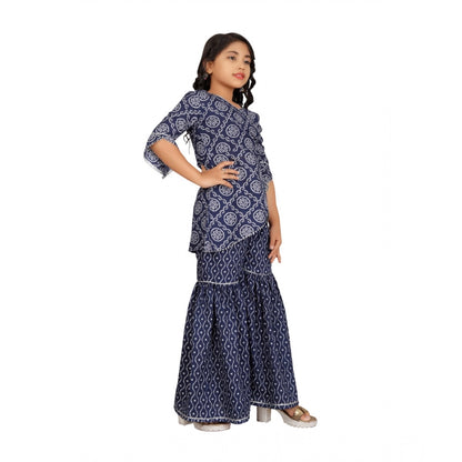 Generic Girl's Cotton Rayon Printed Top And Sharara Set (Blue)