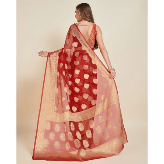 Generic Women's Soft Organza Silk Weaving Design Saree With Unstitched Blouse 5.5Mtr (Red)