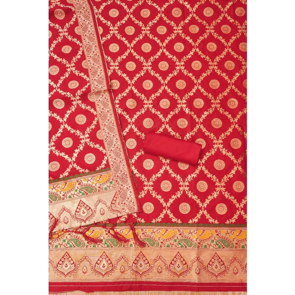 Generic Women's Banarasi Silk Printed Unstitched Salwar Suit Material With Dupatta (Red, 3Mtrs)