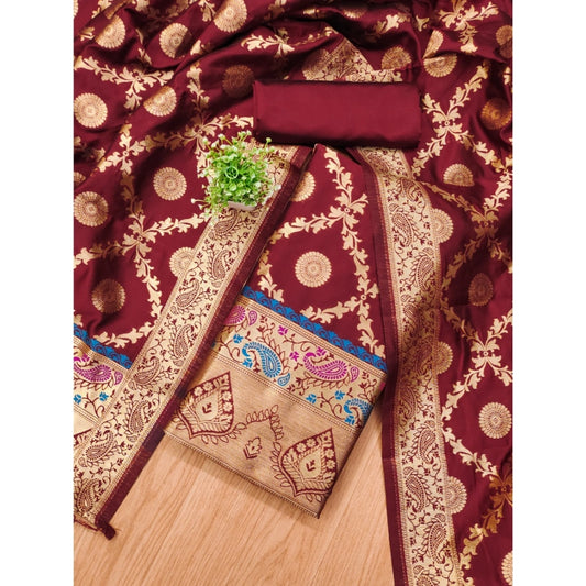 Generic Women's Banarasi Silk Printed Unstitched Salwar Suit Material With Dupatta (Maroon, 3Mtrs)