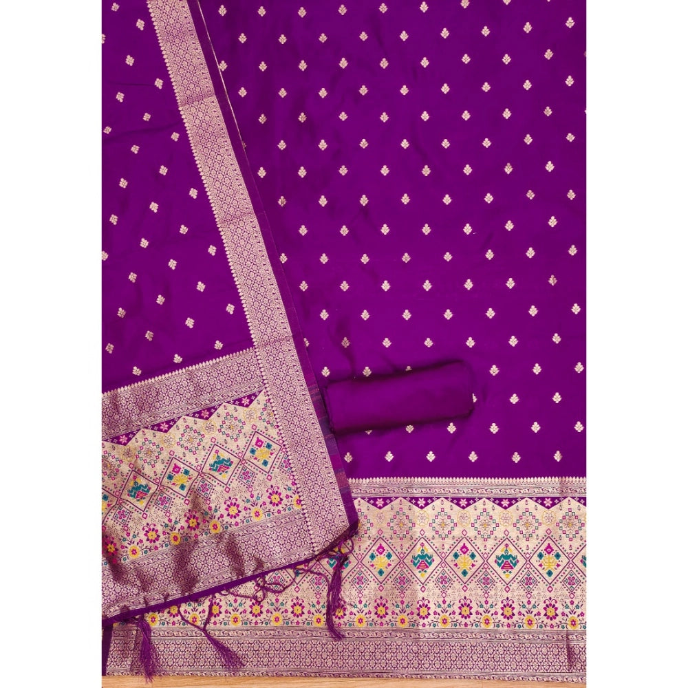 Generic Women's Banarasi Silk Printed Unstitched Salwar Suit Material With Dupatta (Purple, 3Mtrs)