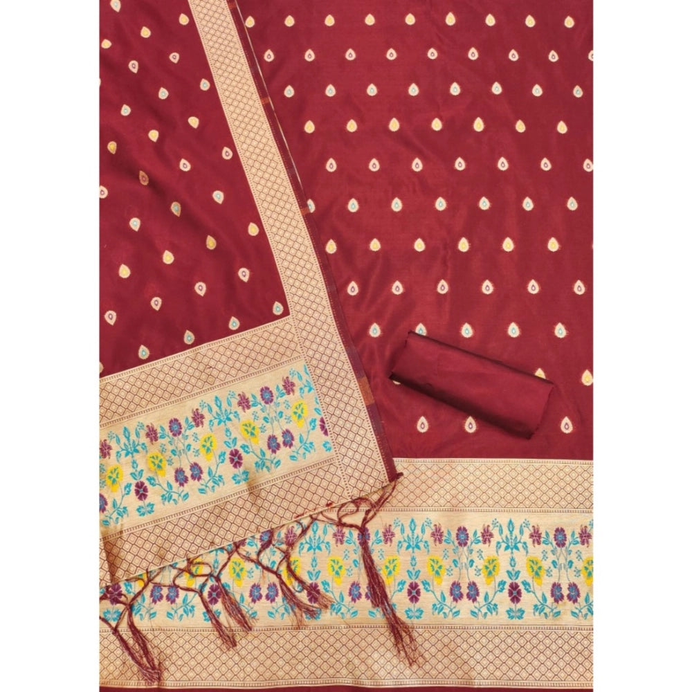 Generic Women's Banarasi Silk Printed Unstitched Salwar Suit Material With Dupatta (Maroon, 3Mtrs)