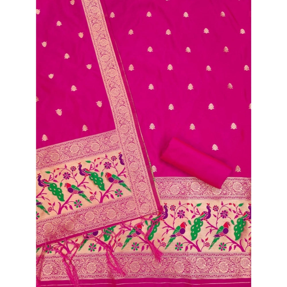 Generic Women's Banarasi Silk Printed Unstitched Salwar Suit Material With Dupatta (Pink, 3Mtrs)