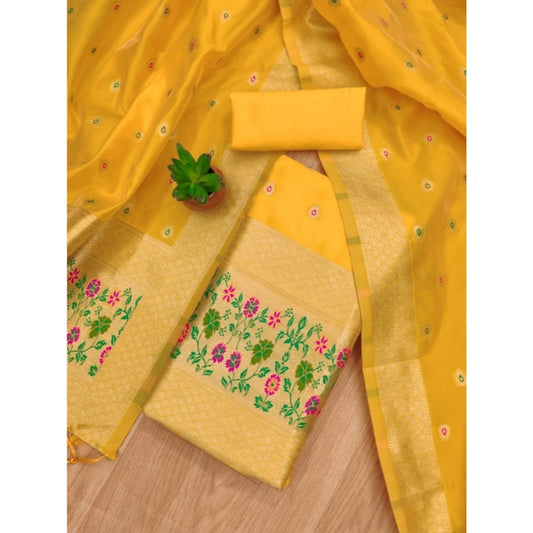Generic Women's Banarasi Silk Printed Unstitched Salwar Suit Material With Dupatta (Yellow, 3Mtrs)
