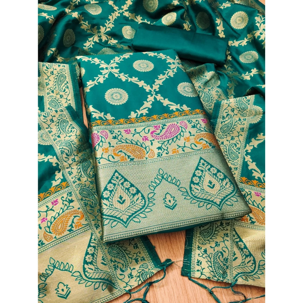 Generic Women's Banarasi Silk Printed Unstitched Salwar Suit Material With Dupatta (Rama, 3Mtrs)