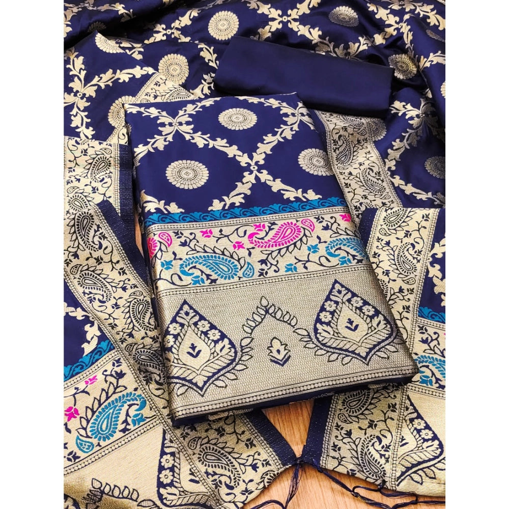 Generic Women's Banarasi Silk Printed Unstitched Salwar Suit Material With Dupatta (Navy Blue, 3Mtrs)