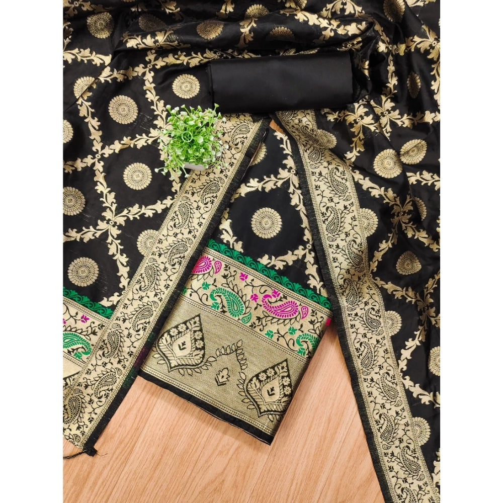 Generic Women's Banarasi Silk Printed Unstitched Salwar Suit Material With Dupatta (Black, 3Mtrs)