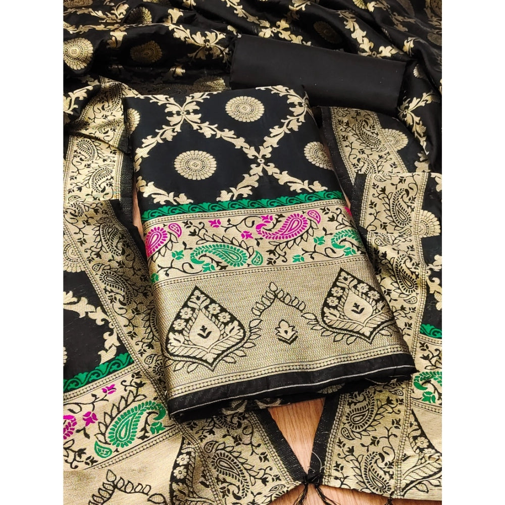 Generic Women's Banarasi Silk Printed Unstitched Salwar Suit Material With Dupatta (Black, 3Mtrs)