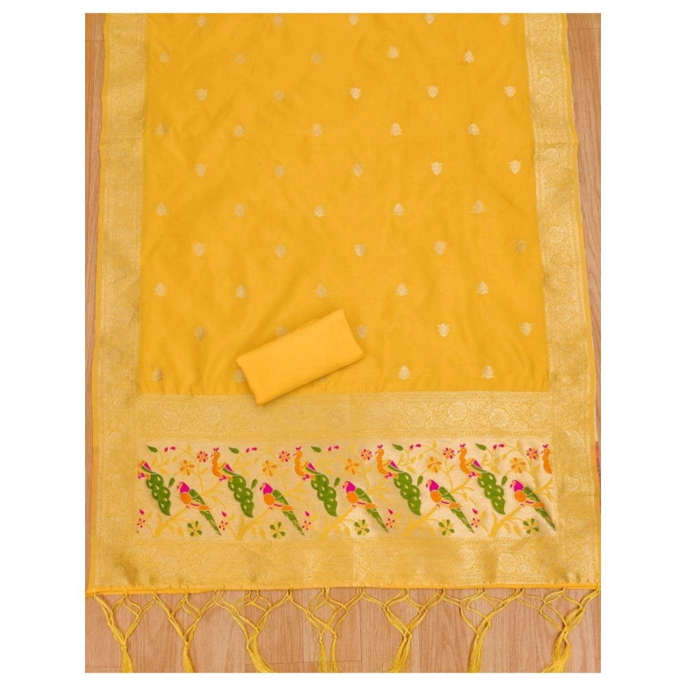 Generic Women's Banarasi Silk Printed Unstitched Salwar Suit Material With Dupatta (Yellow, 3Mtrs)