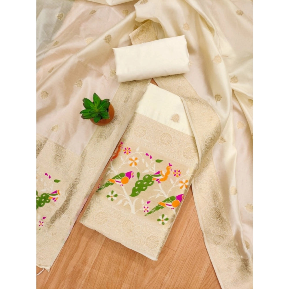 Generic Women's Banarasi Silk Printed Unstitched Salwar Suit Material With Dupatta (White, 3Mtrs)