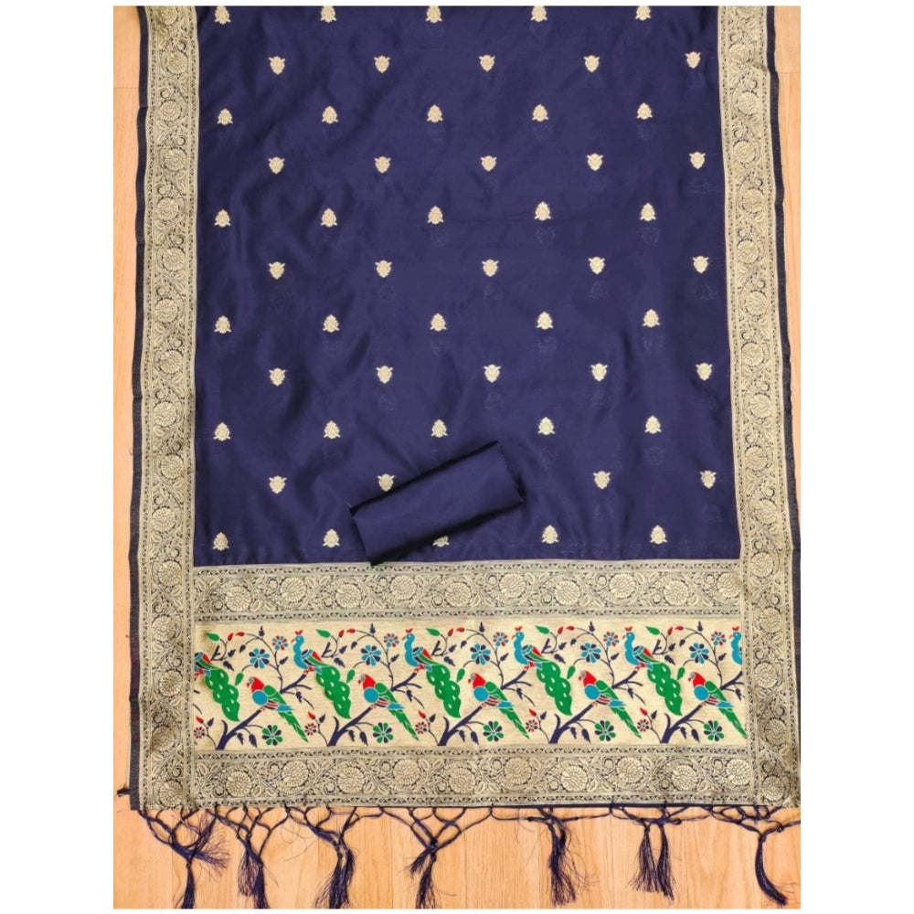 Generic Women's Banarasi Silk Printed Unstitched Salwar Suit Material With Dupatta (Navy Blue, 3Mtrs)