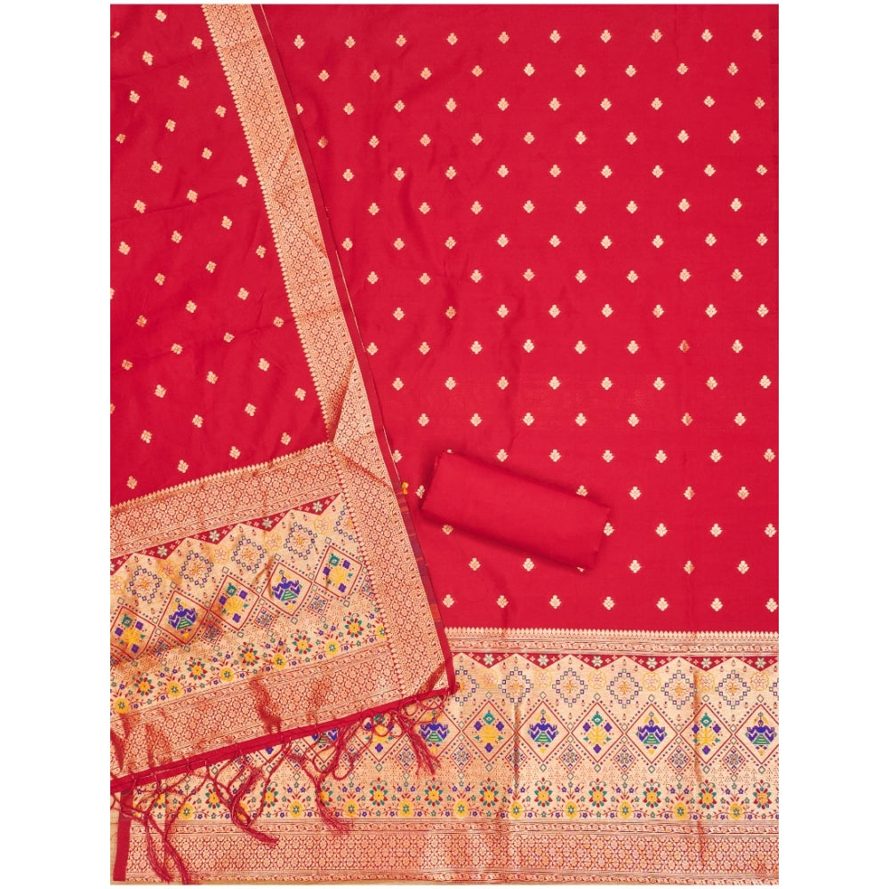 Generic Women's Banarasi Silk Printed Unstitched Salwar Suit Material With Dupatta (Red, 3Mtrs)