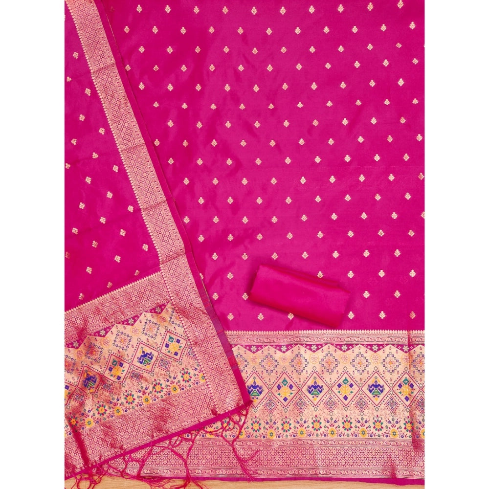 Generic Women's Banarasi Silk Printed Unstitched Salwar Suit Material With Dupatta (Pink, 3Mtrs)