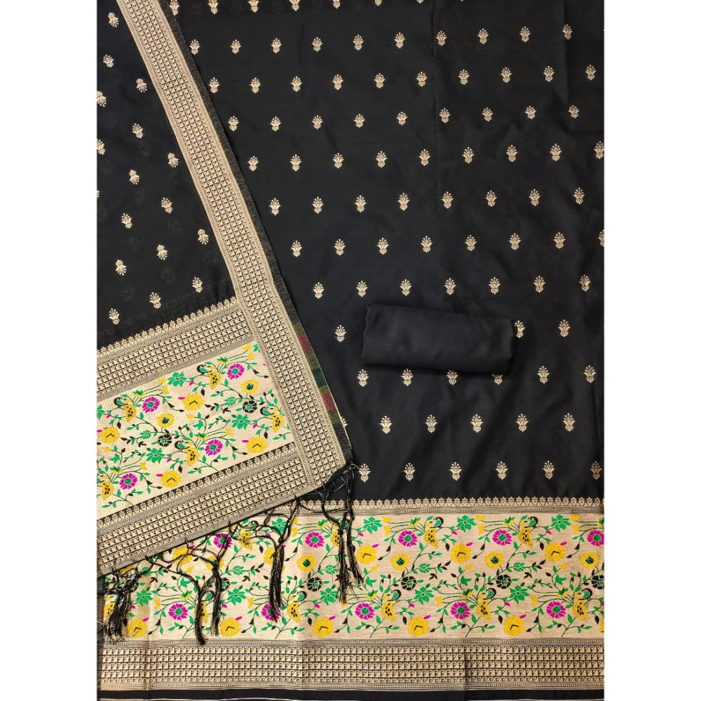 Generic Women's Banarasi Silk Printed Unstitched Salwar Suit Material With Dupatta (Black, 3Mtrs)