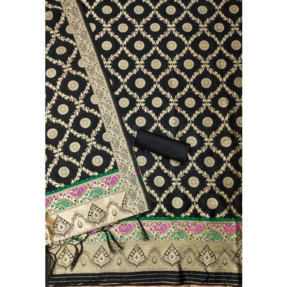 Generic Women's Banarasi Silk Printed Unstitched Salwar Suit Material With Dupatta (Black, 3Mtrs)