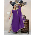 Generic Women's Georgette Embroidery Sleeveless Round Neck Kurti, Palazzo And Dupatta Set (Purple)