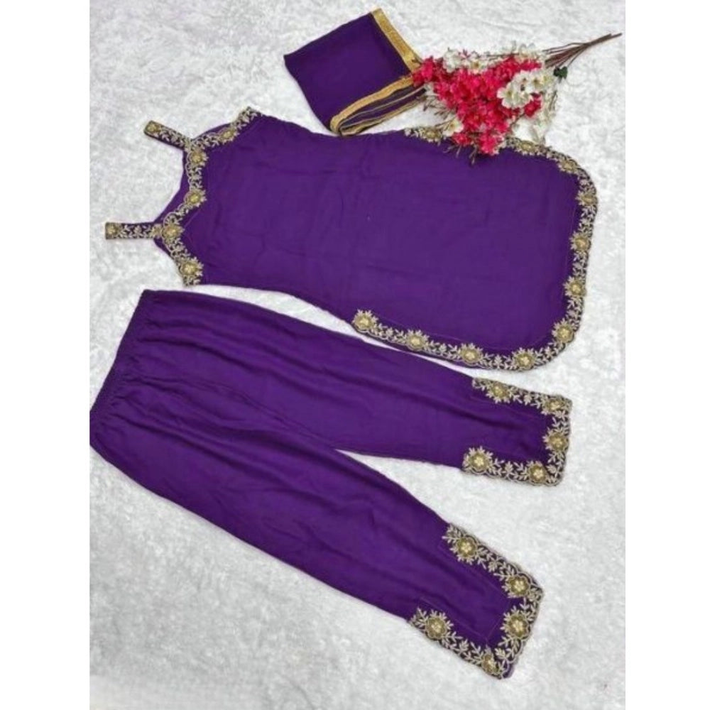 Generic Women's Georgette Embroidery Sleeveless Round Neck Kurti, Palazzo And Dupatta Set (Purple)