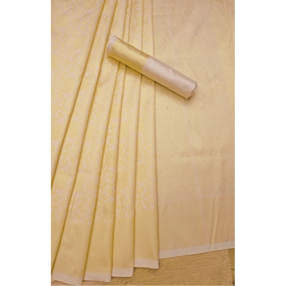 Generic Women's Litchi silk Printed Saree With Unstitched Blouse (Gold)