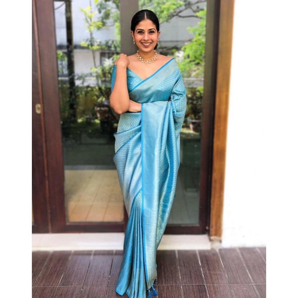Generic Women's Litchi silk Printed Saree With Unstitched Blouse (Sky Blue)